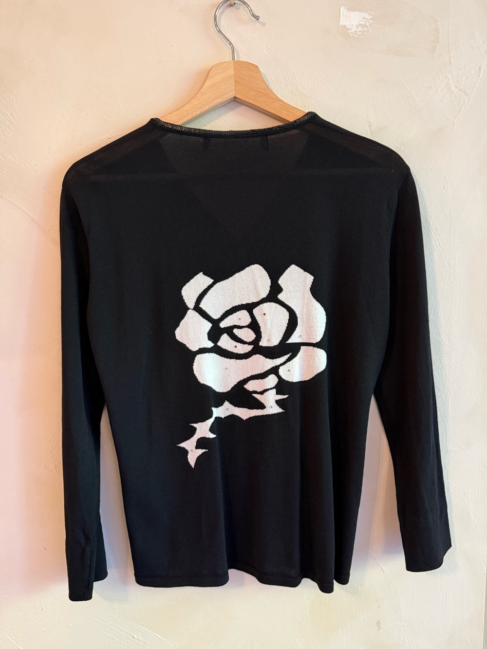 Y2K | Black Beaded | Long Sleeve Cardigan White Rose Rhinestone Graphic | M